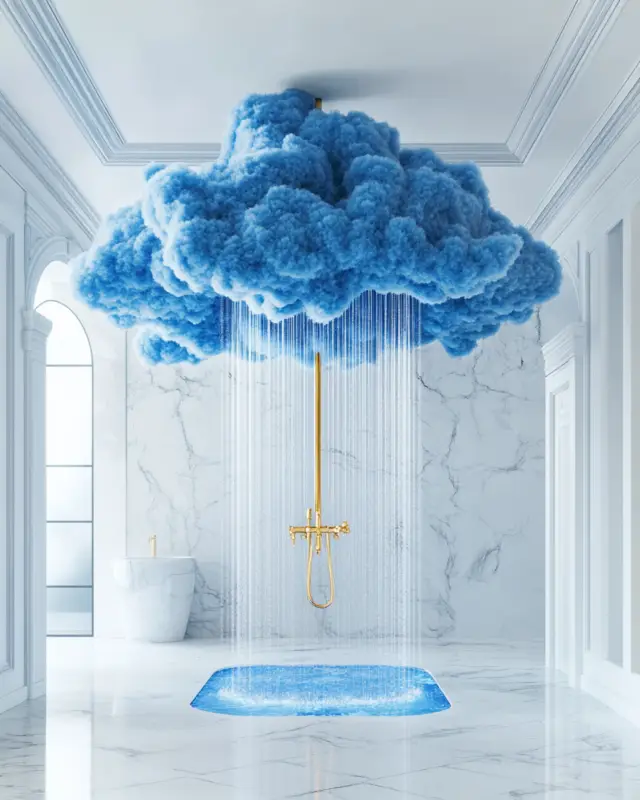AI-generated blue cloud shower with rainfall and gold fixtures in marble interior, created by IVA POPSURREAL and Suzan Valois