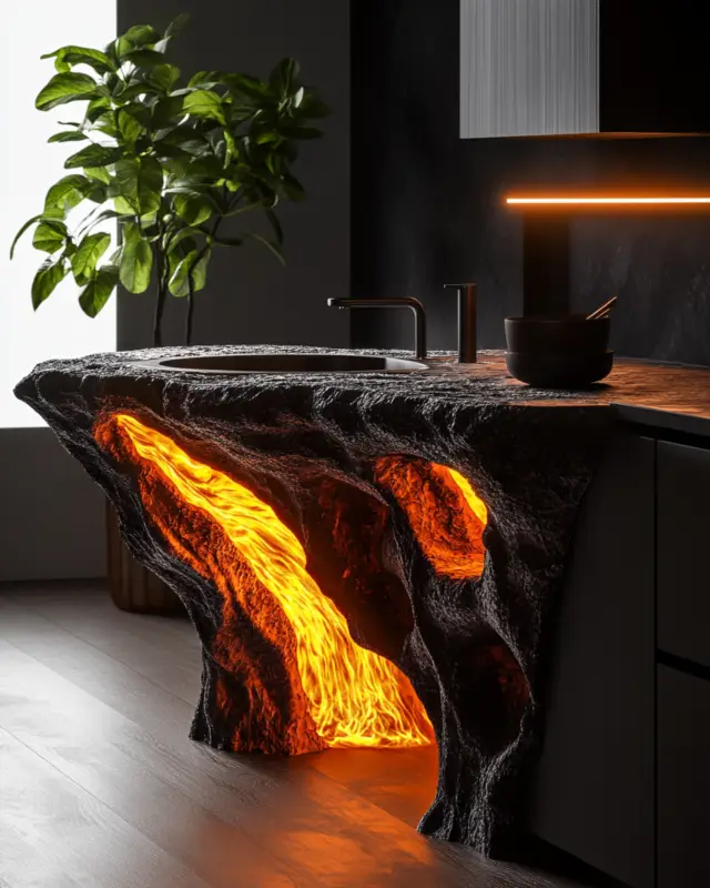 Sculpted AI lava kitchen counter with glowing fire textures and black stone surface, designed by IVA POPSURREAL and Suzan Valois
