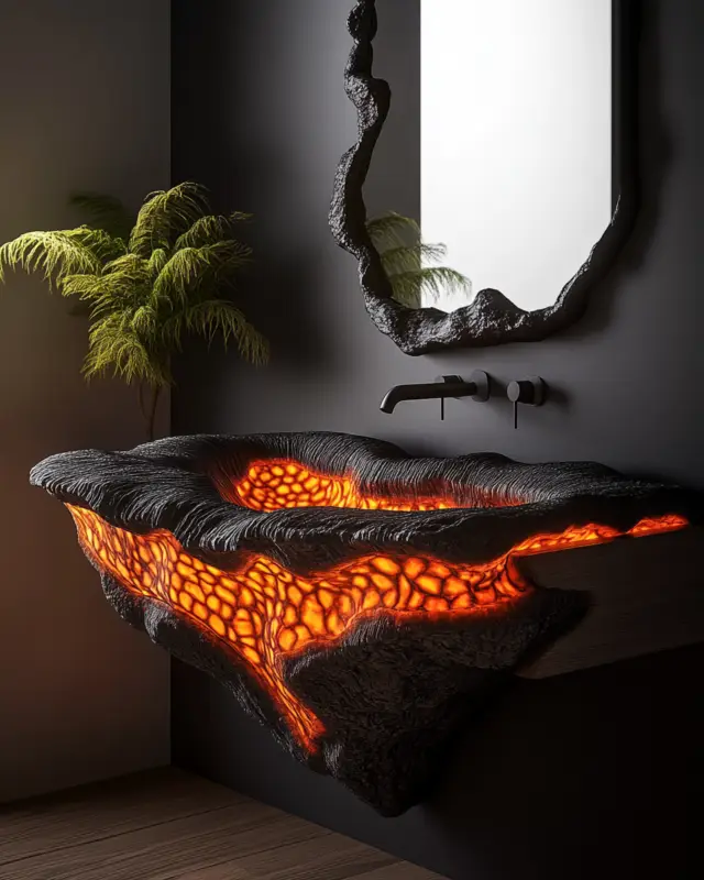 Glowing black lava wall-mounted basin and irregular mirror, created in AI by IVA POPSURREAL and Suzan Valois for surreal interior design
