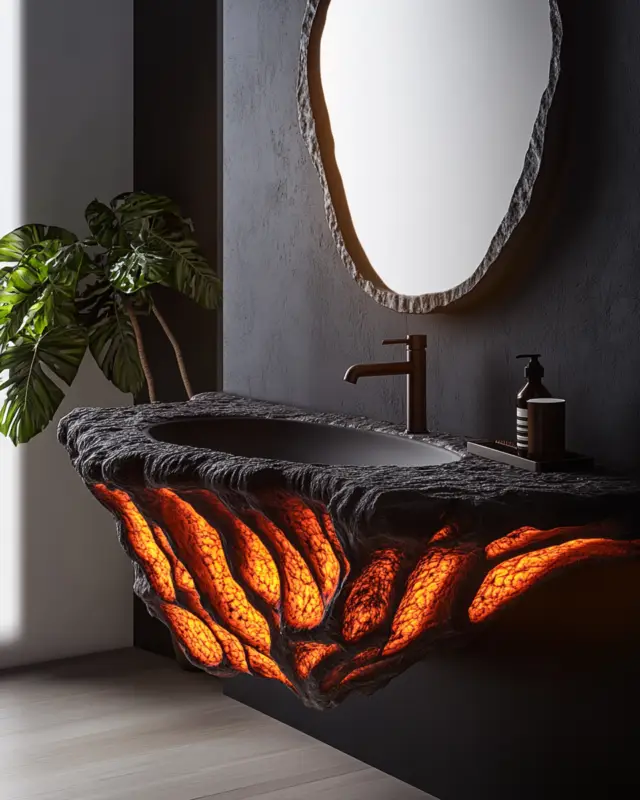 Lava-textured sink design in black stone and glowing orange, AI-generated by IVA POPSURREAL and Suzan Valois for architectural interiors