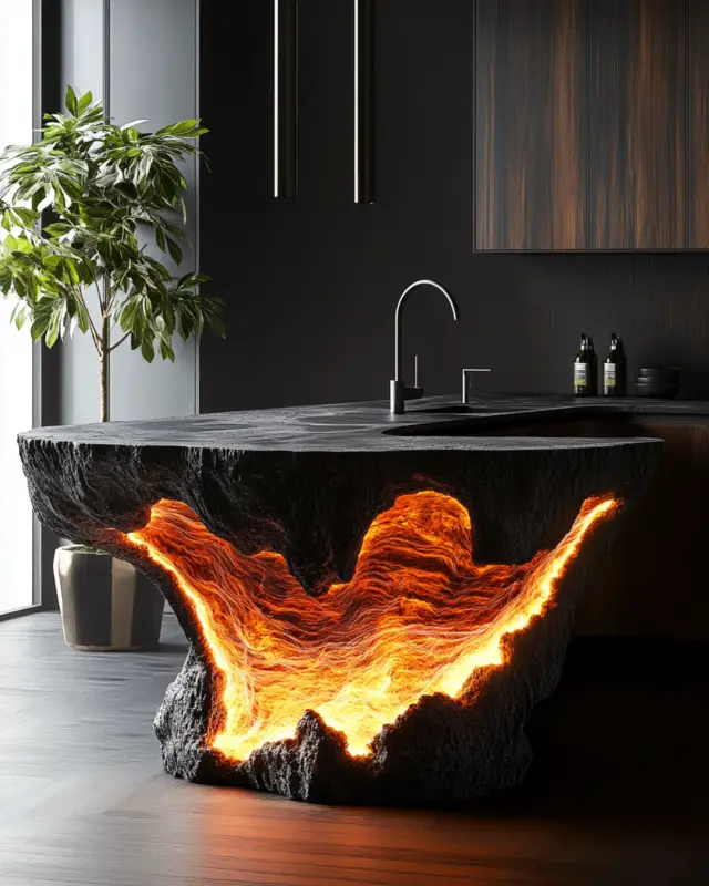 Glowing lava kitchen island in black volcanic texture with sculpted orange light, created by IVA POPSURREAL and Suzan Valois using AI