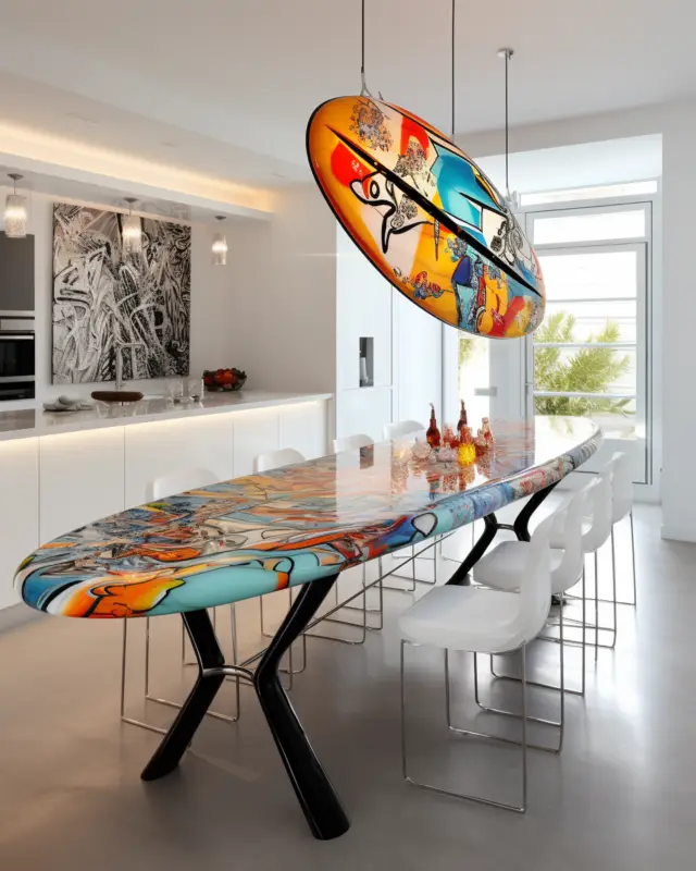 AI-generated dining table with undulating surfboard-like top and vibrant layered graffiti graphics, designed by IVA POPSURREAL