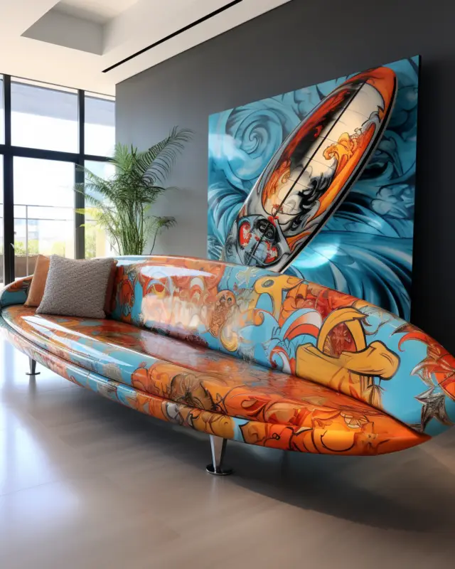 AI-generated lounge couch shaped like a surfboard with multicolor graffiti art, designed by IVA POPSURREAL