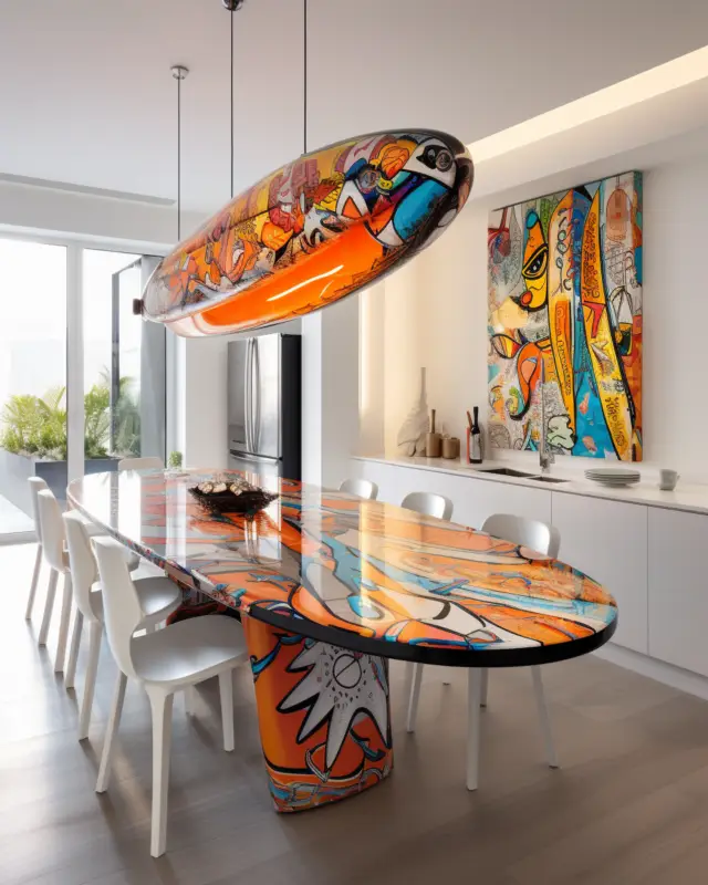AI-generated kitchen table shaped like a surfboard with vibrant graffiti artwork and sleek metal legs, designed by IVA POPSURREAL