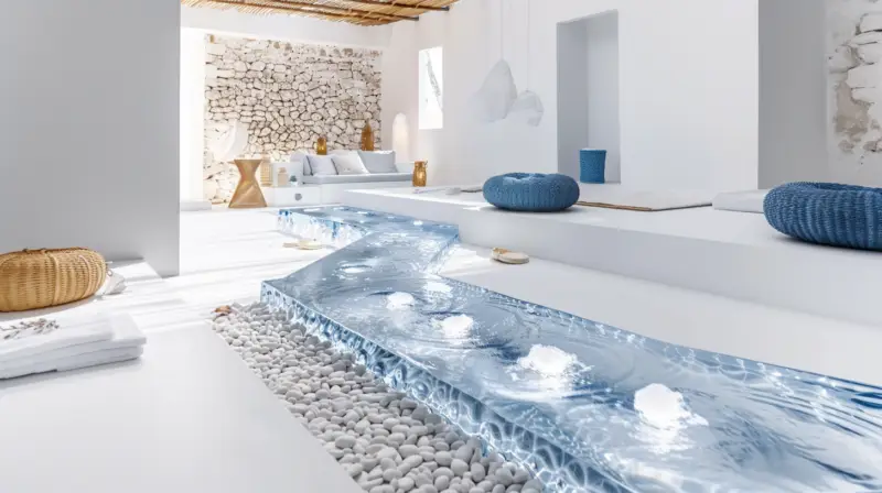 AI-generated indoor water art installation of cascading water over suspended blue crystal panels, designed by IVA POPSURREAL