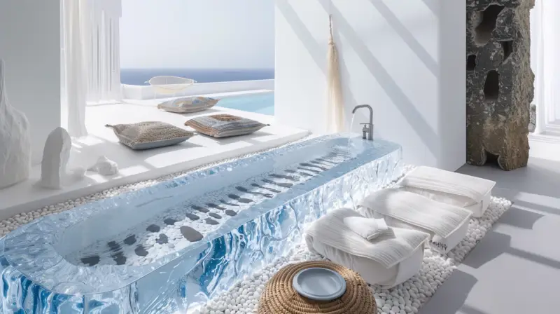 AI-generated freestanding bathtub with translucent blue crystal exterior and pebbled-texture surround, designed by IVA POPSURREAL