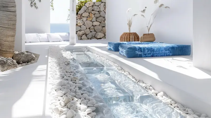 AI-generated indoor pathway lined with translucent blue crystal segments and pebbled-edge borders, designed by IVA POPSURREAL