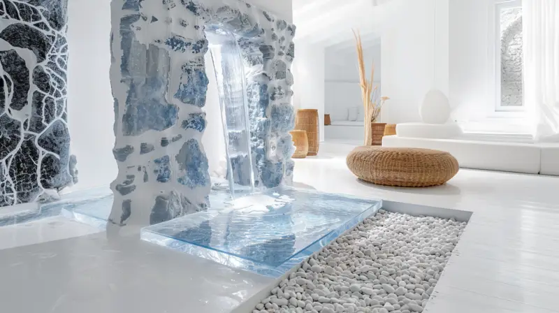 AI-generated shower with pebbled-edge floor and backlit translucent blue crystal wall panels, designed by IVA POPSURREAL