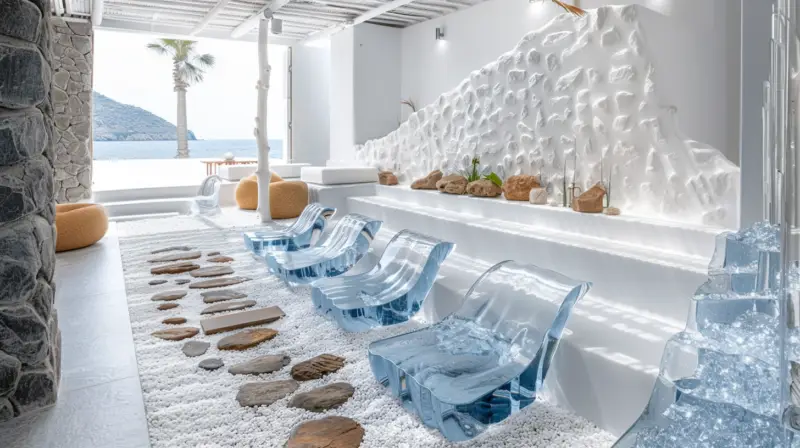 AI-generated sculptural seating with translucent blue crystal bases and pebbled-texture tops, designed by IVA POPSURREAL