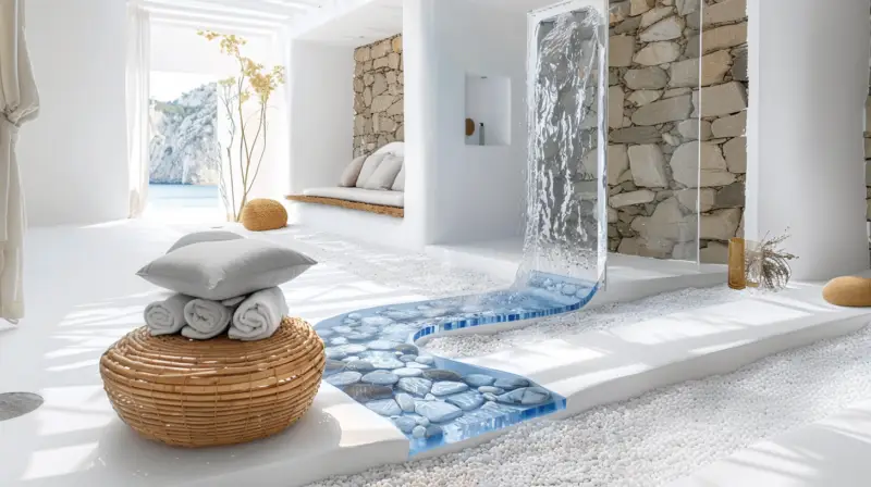 AI-generated shower fixture with translucent blue crystal panels and pebbled-texture tiles in a coastal-inspired minimalist bathroom, designed by IVA POPSURREAL