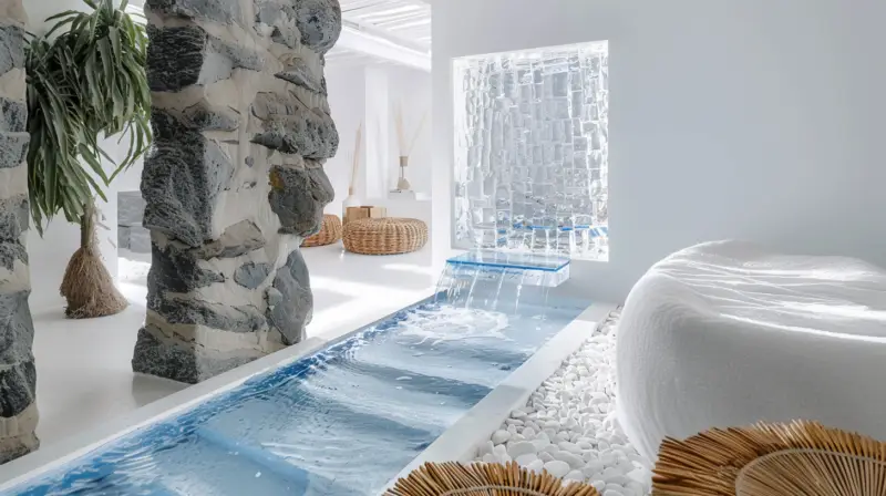 AI-generated indoor water channel with translucent blue crystal lining and pebble-textured basin, designed by IVA POPSURREAL