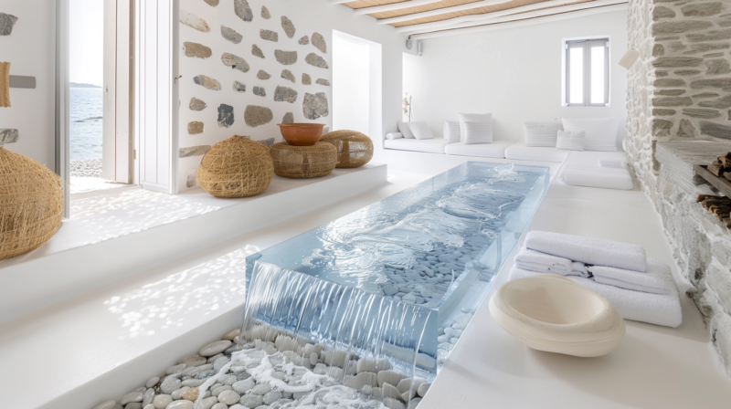 AI-generated indoor water art installation of cascading water over suspended blue crystal panels, designed by IVA POPSURREAL