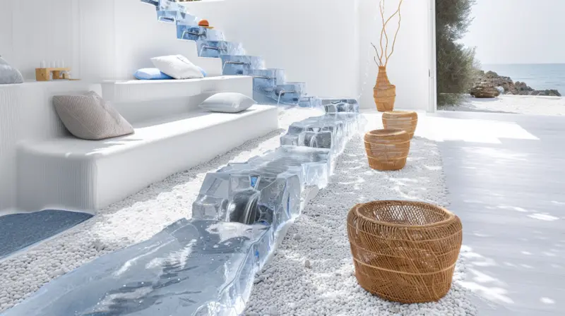 AI-generated coastal stair path with translucent blue crystal treads and pebbled-edge risers, designed by IVA POPSURREAL