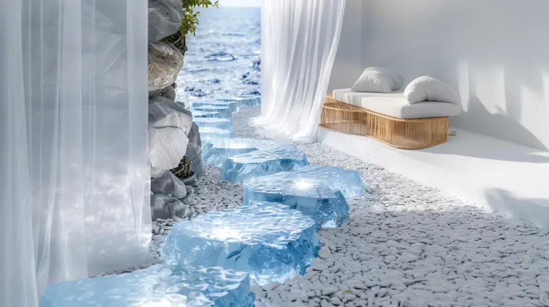 AI-generated indoor pathway composed of faceted blue crystal segments interspersed with pebbled-texture insets, designed by IVA POPSURREAL