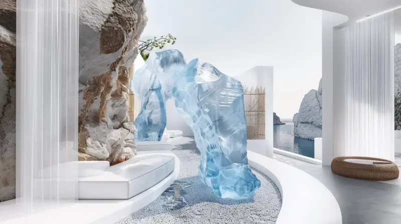 AI-generated installation of suspended translucent blue crystal clusters evoking coastal pebbles, designed by IVA POPSURREAL