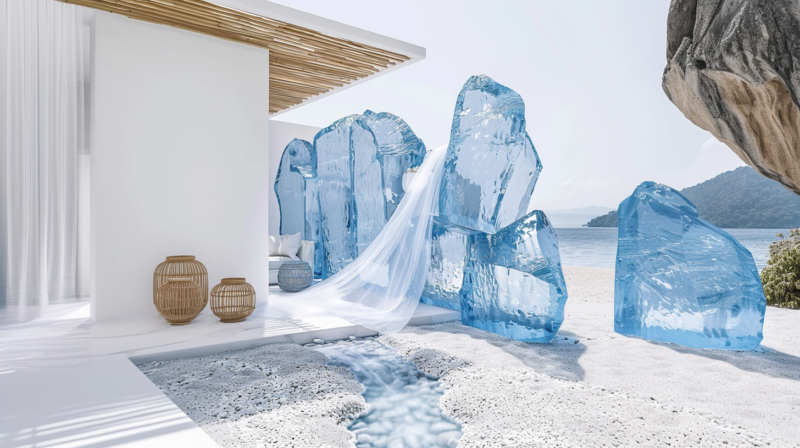 AI-generated sculptural art installation of suspended blue crystal formations mimicking shoreline pebbles, designed by IVA POPSURREAL
