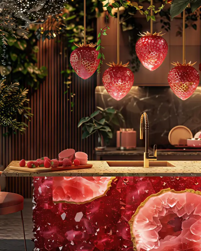 AI-generated kitchen worktop in deep strawberry-red crystal finish with faceted texture, designed by IVA POPSURREAL