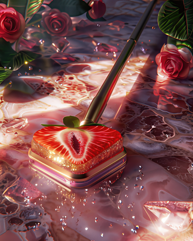 Scarlet-red vacuum cleaner shaped like a giant crystalized strawberry with prismatic facets, set against a sleek white interior; AI art by IVA POPSURREAL.