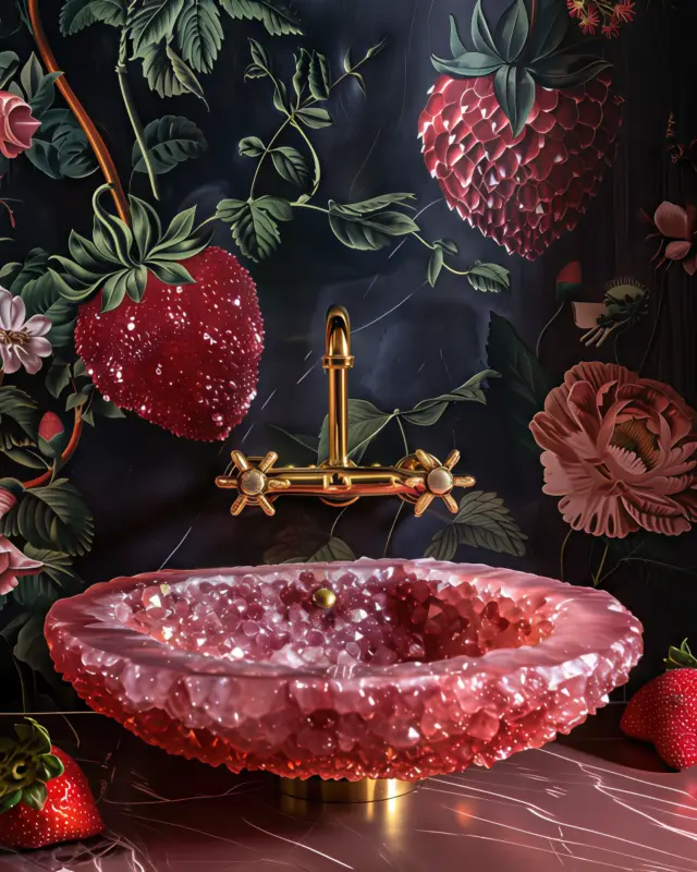 AI-generated bathroom sink shaped like a faceted red strawberry crystal with integrated bowl and metallic faucet, designed by IVA POPSURREAL