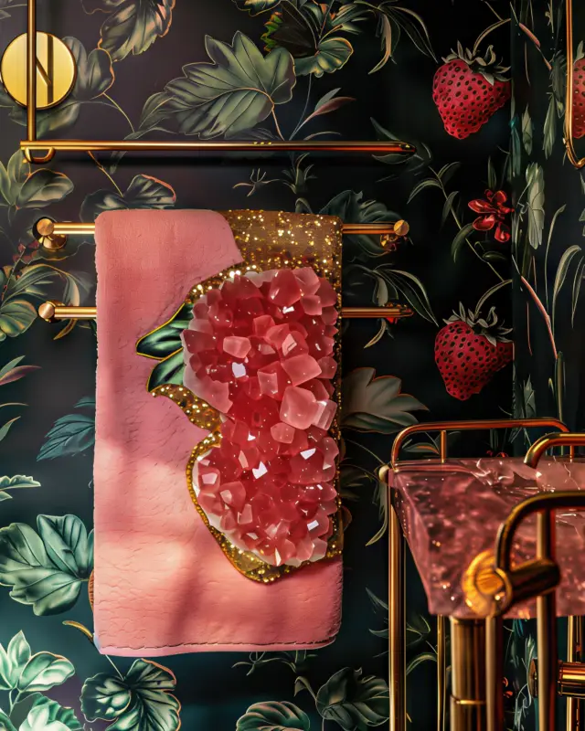 AI-generated plush towel in deep strawberry-red with crystal-like woven texture and embossed berry motifs, designed by IVA POPSURREAL