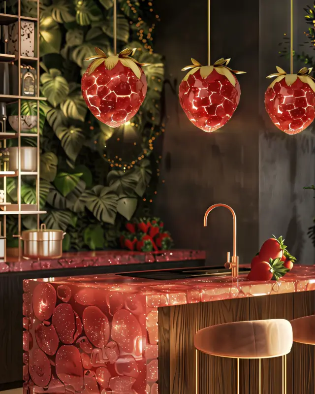 AI-generated kitchen island in faceted strawberry-red crystal finish with integrated prep surface and reflective base, designed by IVA POPSURREAL