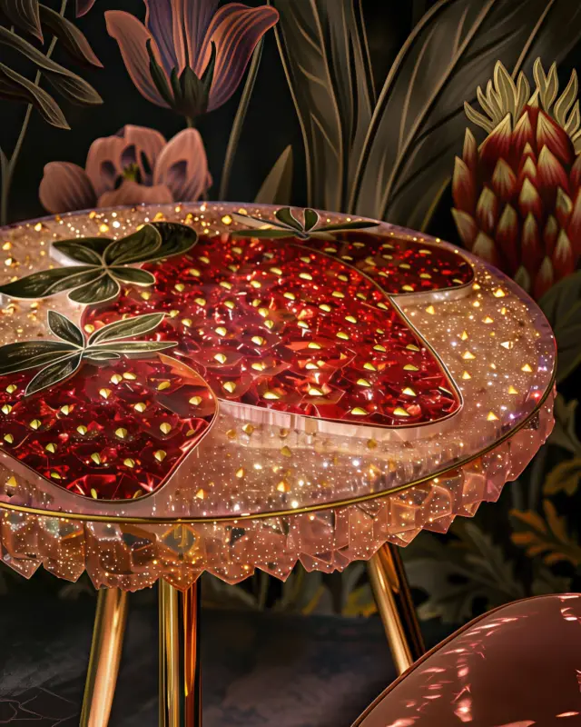 AI-generated kitchen table with a faceted strawberry-red crystal top and minimalist metal legs, designed by IVA POPSURREAL
