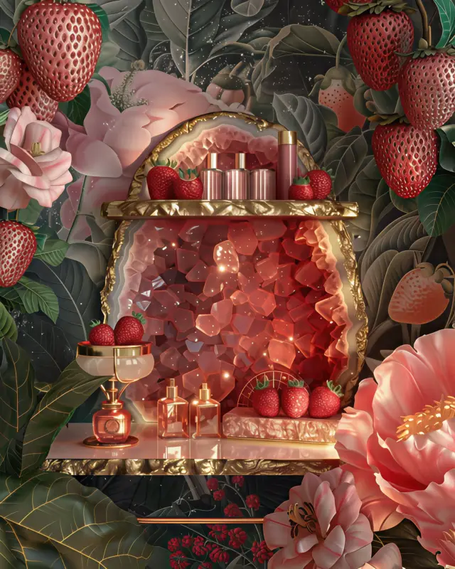 AI-generated floating bathroom shelves shaped like faceted strawberry crystals in vibrant red, designed by IVA POPSURREAL