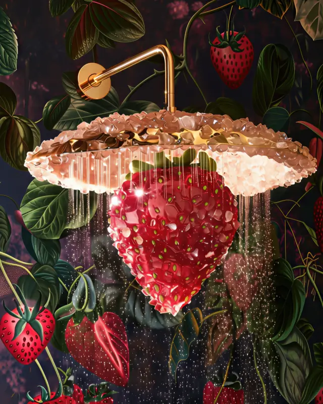 AI-generated shower fixture shaped like a crystalline strawberry cluster dripping red droplets, designed by IVA POPSURREAL