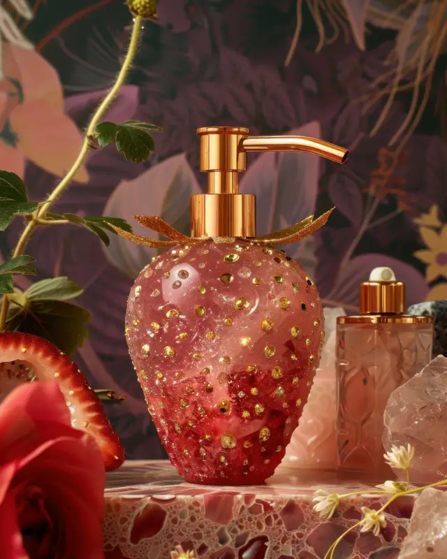 AI-generated soap dispenser shaped like a translucent red strawberry crystal with metallic pump, designed by IVA POPSURREAL