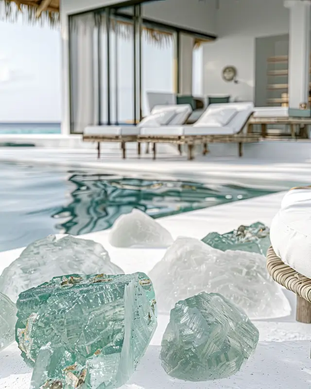 AI-generated poolside deck featuring faceted teal crystal edging and coastal-blue loungers, designed by IVA POPSURREAL