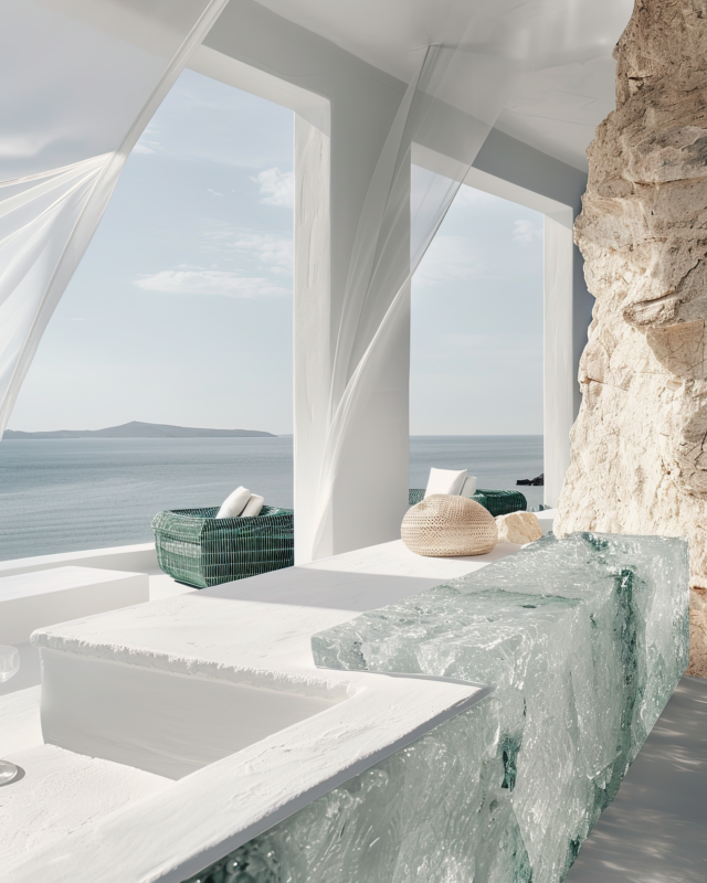 AI-generated terrace with teal crystal-clad ledges, glass flooring, and coastal lounge seating, designed by IVA POPSURREAL