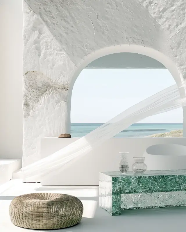 AI-generated outdoor terrace furniture featuring teal crystal balustrades, pebble-textured floor, and coastal seating, designed by IVA POPSURREAL