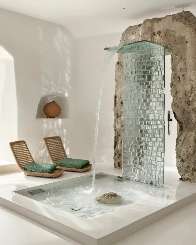 AI-generated shower with backlit translucent teal crystal wall panels and pebbled-texture floor in coastal-blue hues, designed by IVA POPSURREAL