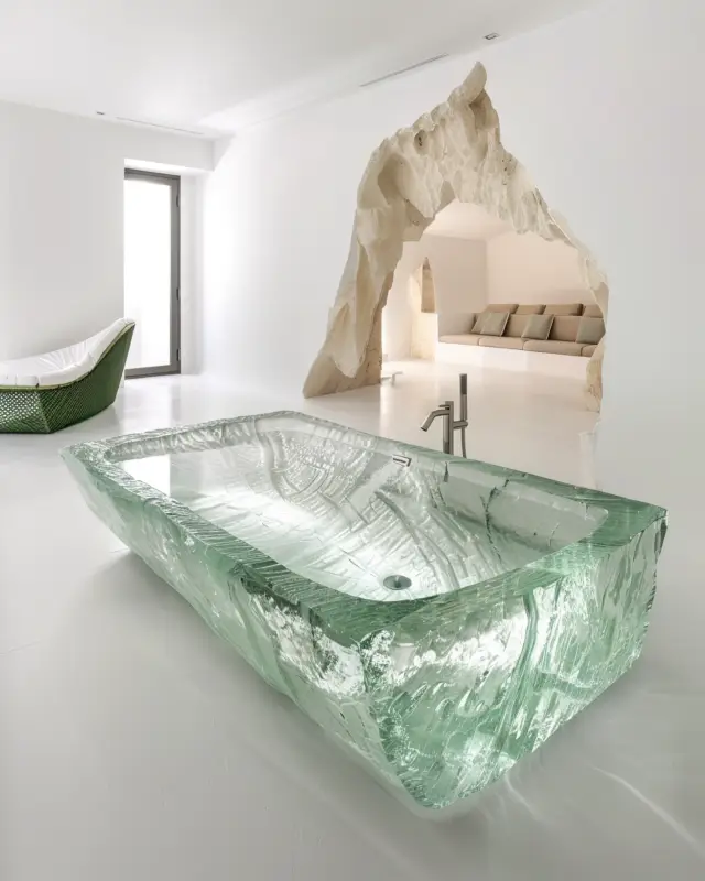 AI-generated freestanding bathtub with a translucent teal crystal exterior and smooth coastal-blue interior, designed by IVA POPSURREAL