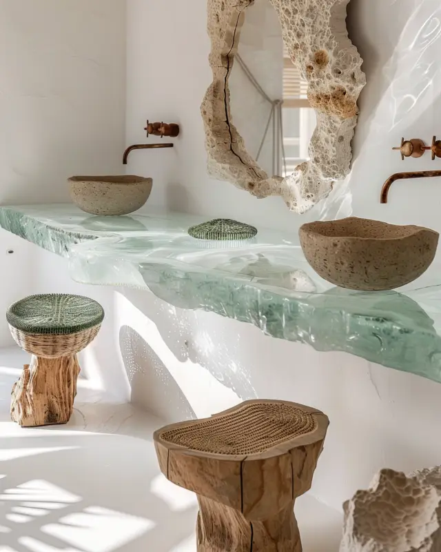 AI-generated bathroom sink with a faceted teal crystal vanity and sleek coastal-blue countertop, designed by IVA POPSURREAL