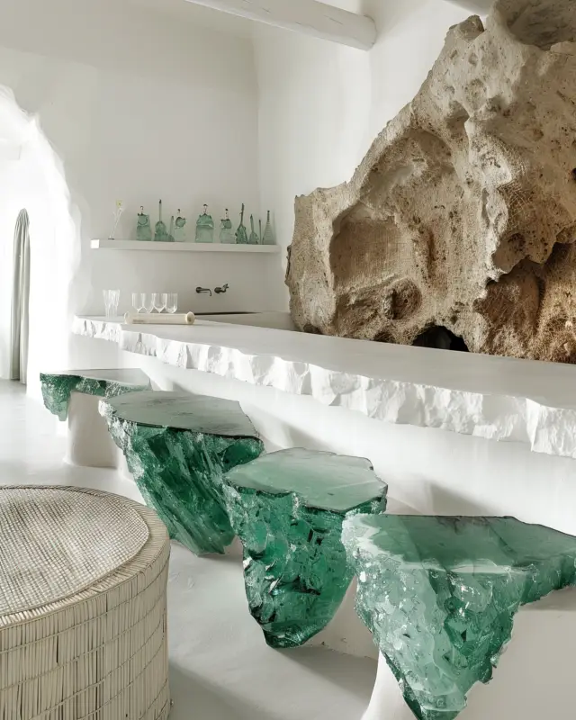 AI-generated bar stools with translucent teal crystal bases and curved coastal-blue seats, designed by IVA POPSURREAL