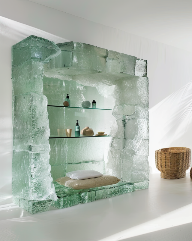 AI-generated bathroom shelving unit with translucent teal crystal shelves and minimalist coastal-blue frame, designed by IVA POPSURREAL