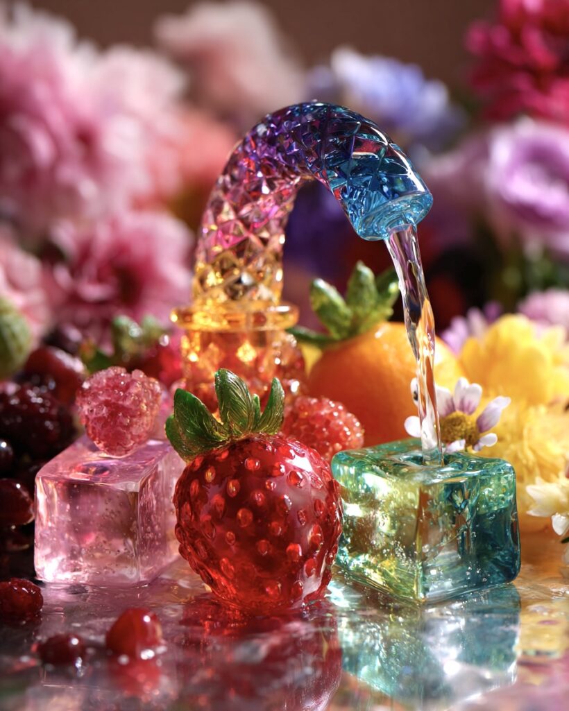Rainbow-colored crystal faucet pouring water over sculpted fruit forms and translucent ice cubes, surrounded by vivid summer flowers.
