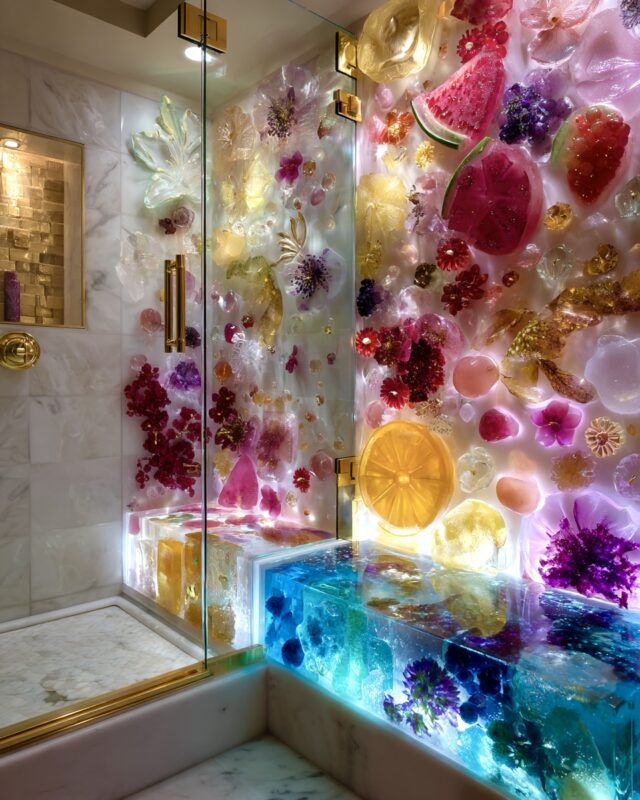 Luxurious shower space featuring a glowing wall of sculpted fruit and flowers embedded in resin, with a translucent floral bench in vivid summer colors.