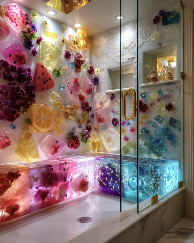 Corner shower installation with colorful glowing fruit forms, sculpted resin blocks, and botanical details enclosed in glass with gold accents.