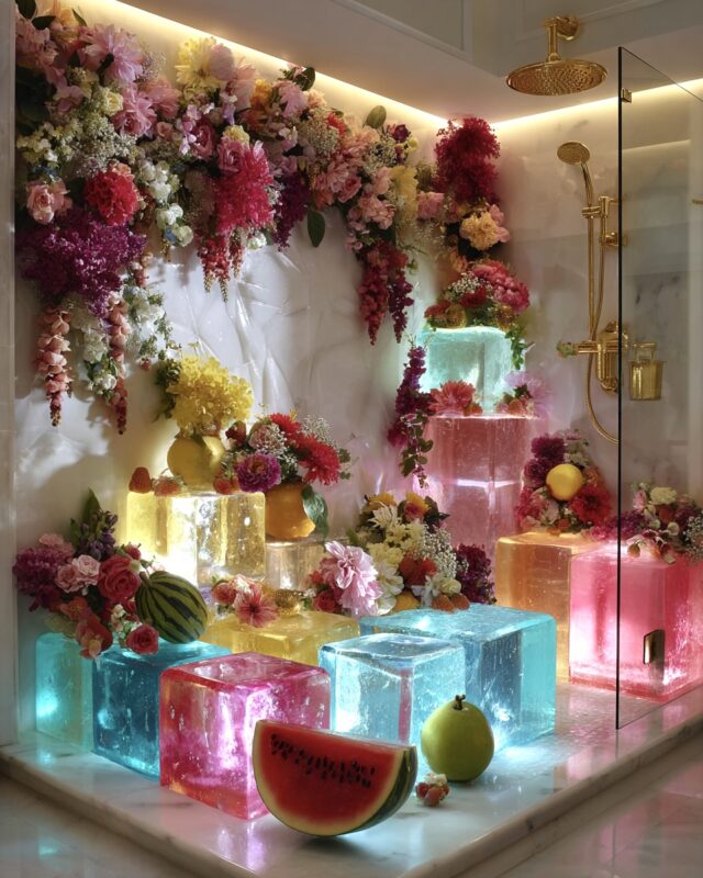 Golden shower setup with glowing resin ice blocks, fresh fruit, and cascading floral arrangements in a high-end surreal bathroom interior.