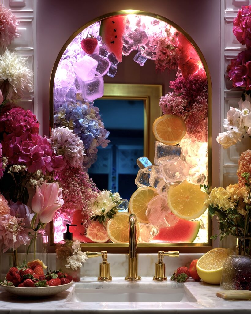 Luxury bathroom mirror surrounded by glowing fruit slices, ice blocks, and vibrant flowers, with a marble sink and gold faucet in the foreground.