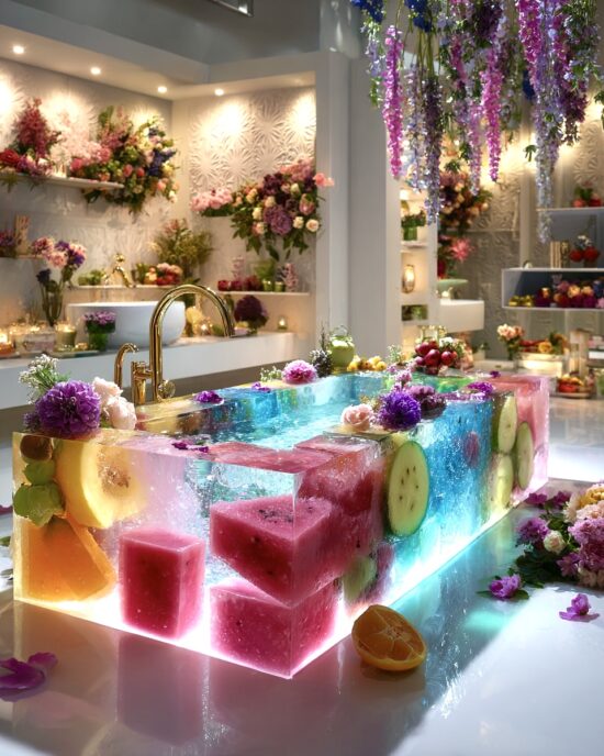 Translucent luxury bathtub made of glowing fruit-filled resin blocks, surrounded by flowers in a bright, surreal bathroom setting.