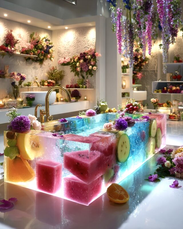 Translucent luxury bathtub made of glowing fruit-filled resin blocks, surrounded by flowers in a bright, surreal bathroom setting.