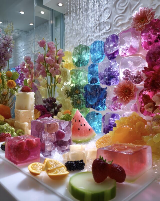 Colorful fruit and ice block shower installation with translucent cubes, fresh produce, and cascading water against a sculpted wall backdrop.