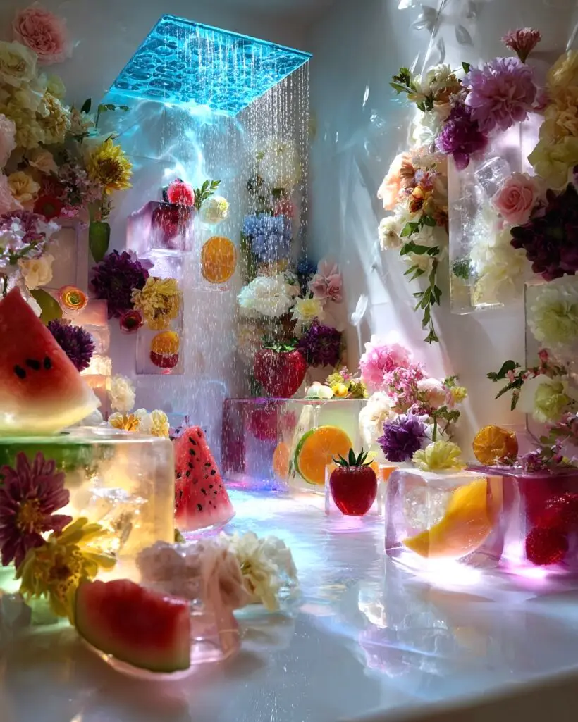 Surreal shower installation with cascading water from a glowing blue shower head, surrounded by translucent fruit-filled ice blocks and vibrant flowers.