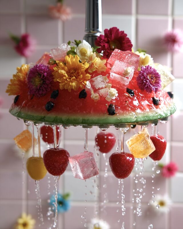 Surreal summer showerhead shaped like a watermelon slice, adorned with flowers, ice cubes, and dripping fruit elements against a pink tiled background.